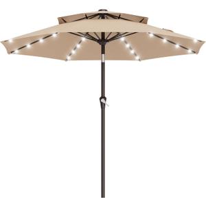 AreShark 9ft 2 Tiers Patio Umbrella with Solar Lights, Outdoor Umbrella w/ 32 LED Lights&8 Sturdy Ribs, Table Umbrella for Deck, Backyard, Pool(Beige)