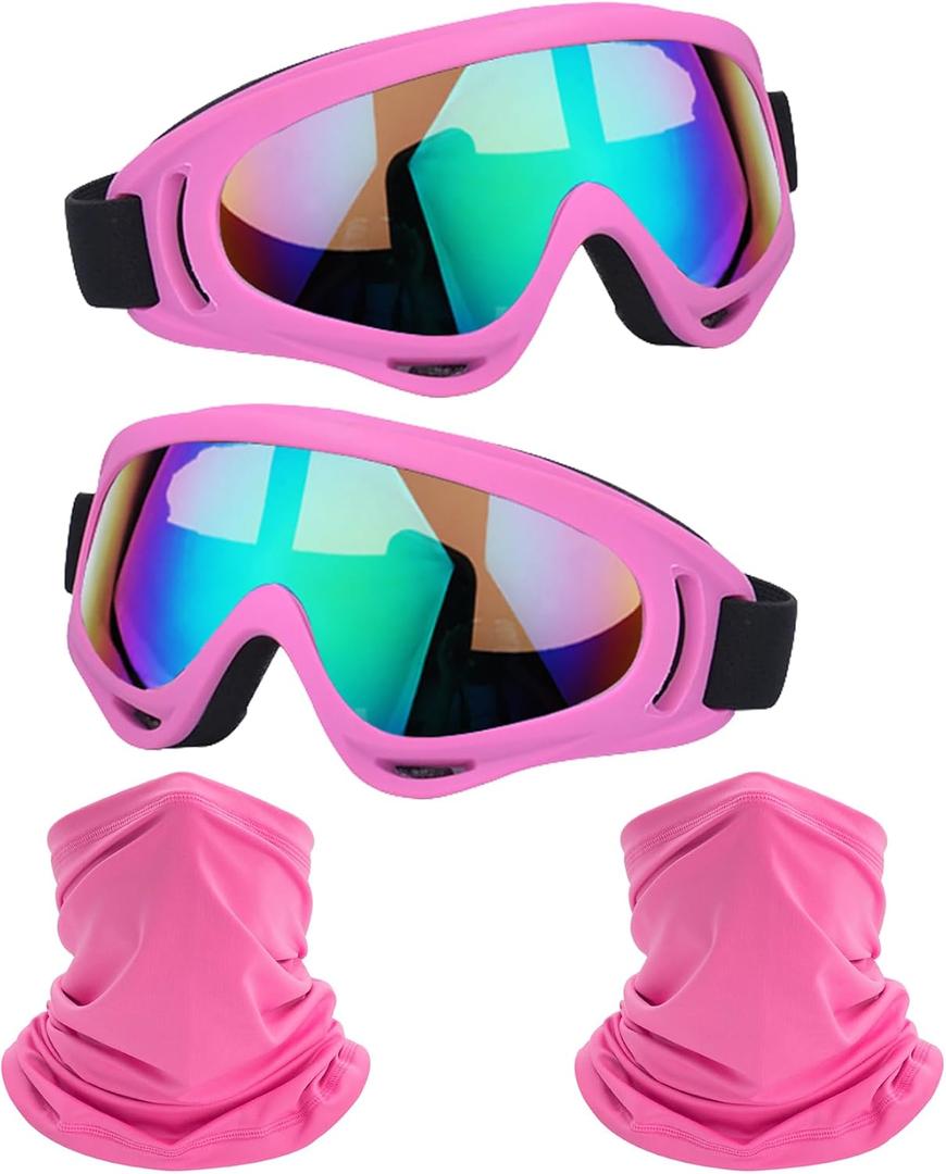 Motorcycle Goggles,2 Pack Dirt Bike ATV Motocross Riding Hiking Protective with 2 Pack Neck Breathable Bandana Mask (Rose Pink/Colorful+mask)