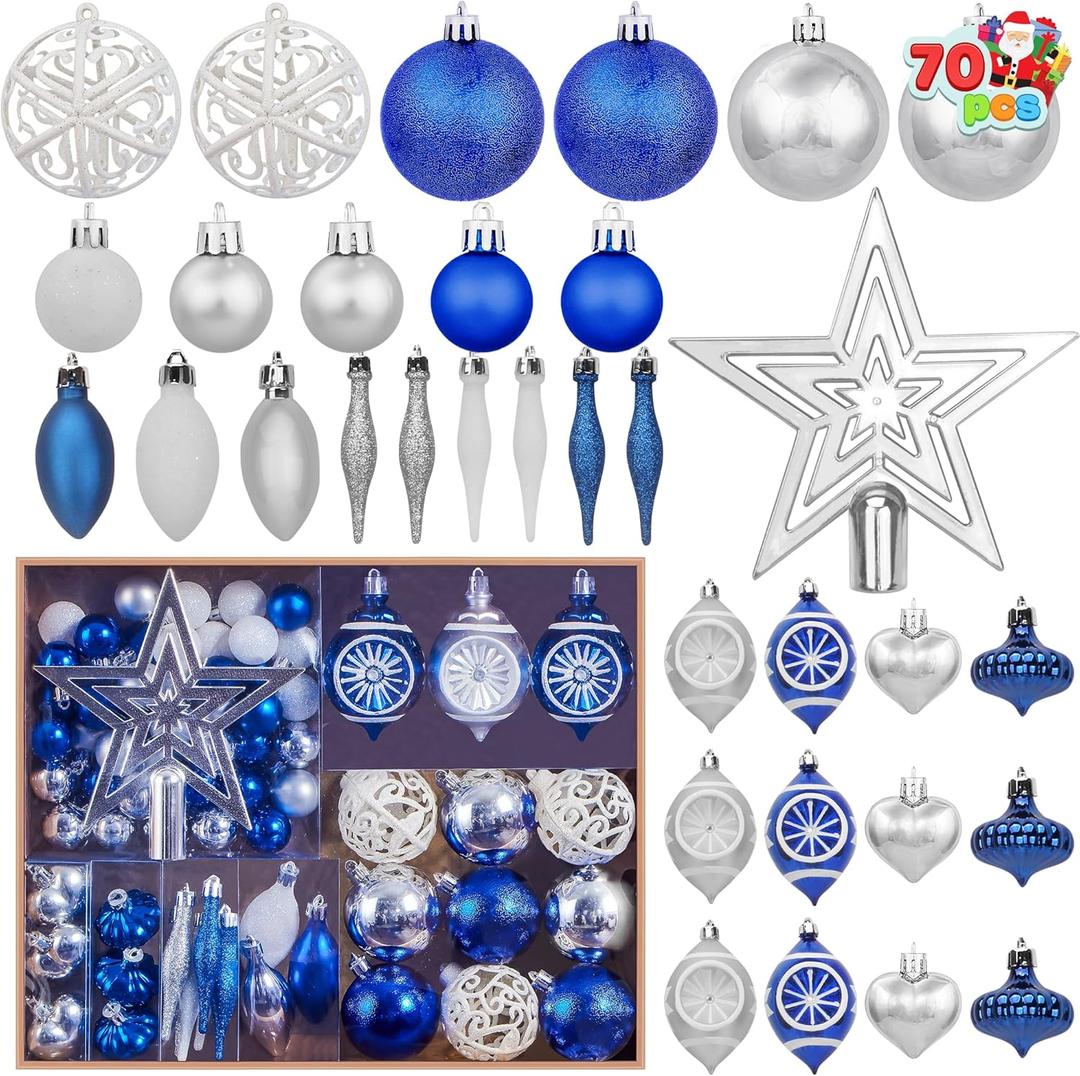 Joiedomi 70Pcs Assorted Christmas Blue Ornaments, Christmas Tree Decoration Set Blue, Silver&White Ball Set, Hanging Shatterproof Ornaments for Holidays and Xmas Tree Decoration