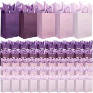 Kolldenn 50 Set Gradient Purple Gift Bags with Tissue Paper 8.27 x 5.91 x 3.15 Inch Small Paper Bags with Handles Thank You Gift for Baby Shower Bridal Shower Wedding Party Favors Goodies