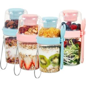 Vtopmart 4 Pack 27oz Yogurt Parfait Cups with Lids and Spoons, Overnight Oats Containers, Reusable Topping Compartment for Breakfast with Yogurt, Cereal or Oatmeal On-the-Go