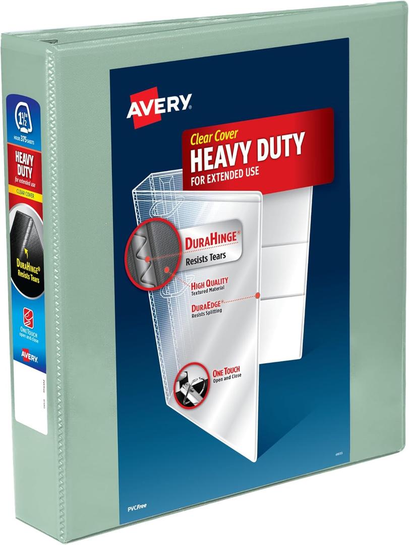 Avery Heavy-Duty View 3 Ring Binder, 1.5 Inch One Touch Slant Rings, 375-Sheet Capacity, DuraHinge, 2.1 Inch Wide Spine, Customizable Clear Cover and Spine, 1 Pastel Sage Green Binder (79819)