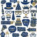 CC HOME 36Pcs Blue Happy Birthday Photo Booth Props, Glitter Birthday Party Decorations, Letter Print Card Material, Perfect for Forever Young Cheers Party Time