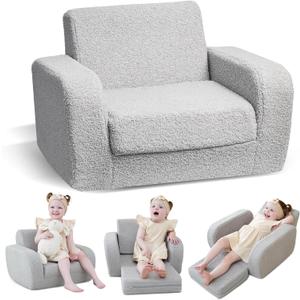 KidBloom 3-in-1 Toddler Couch, Toddler Chairs Comfy 1-3 Years Old, Kids Couch Bed Fold Out, Gifts for 1 2 Year Old Girls Boys (Grey Sofa)