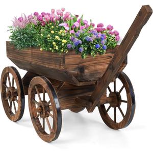 Wood Wagon Planter for Outdoor Balcony Decor - Garden Rustic Wooden Flower Cart with Wheels for Outside Garden Decor Wheelbarrow Planter for Patio