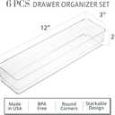 STORi SimpleSort 6-Piece Stackable Clear Drawer Organizer Set | 12" x 3" x 2" Rectangle Trays | Narrow Makeup Vanity Storage Bins and Office Desk Drawer Dividers | Made in USA