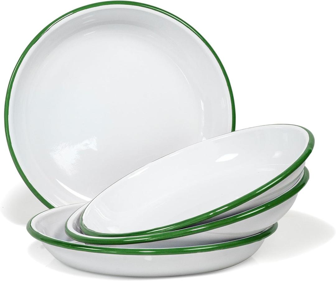 Red Co. Set of 4 Enamelware Metal 10 Round Camping Plates, Solid White/Dark Green Rim