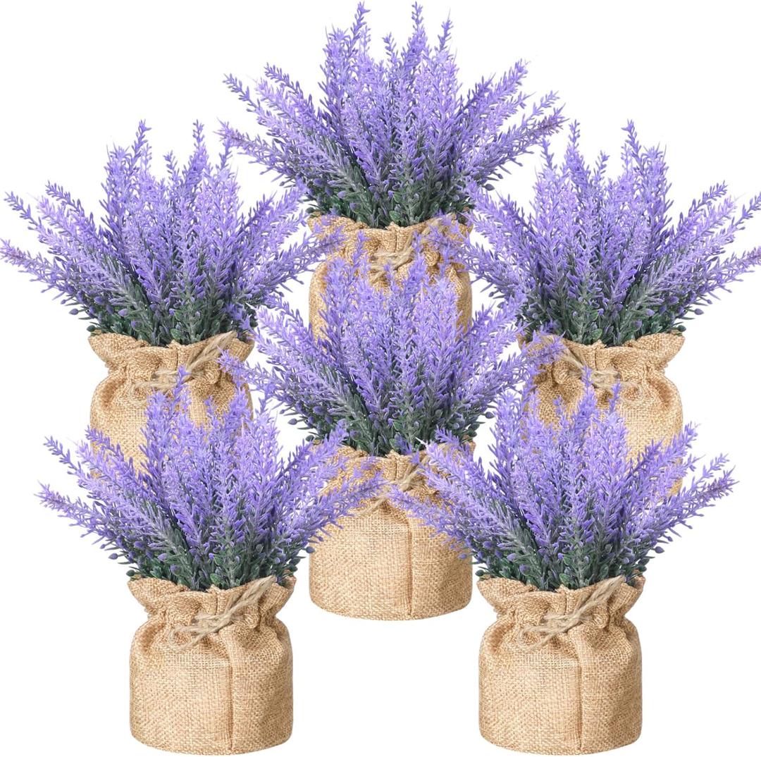 6 Pack Fake Lavender Plant Small Artificial Lavender Flowers Decor Burlap Bag Rustic Plant Potted for Kitchen Farmhouse Home Bedroom Wedding Table Country Indoor Decor