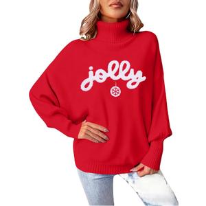 Christmas Sweaters for Women Merry Sweater: Oversized Turtleneck Sweaters 2025 Long Batwing Sleeve Xmas Pullover Tops (Red-4)