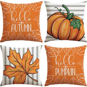 2 x Artscope Fall Decorative Throw Pillow Covers 18x18 Inch Set of 4 Fall Gifts for Home Decor, Striped Autumn Pumpkin Maple Leaves Harvest Decoration Pillow Cases for Home Sofa Couch Decor-Orange C