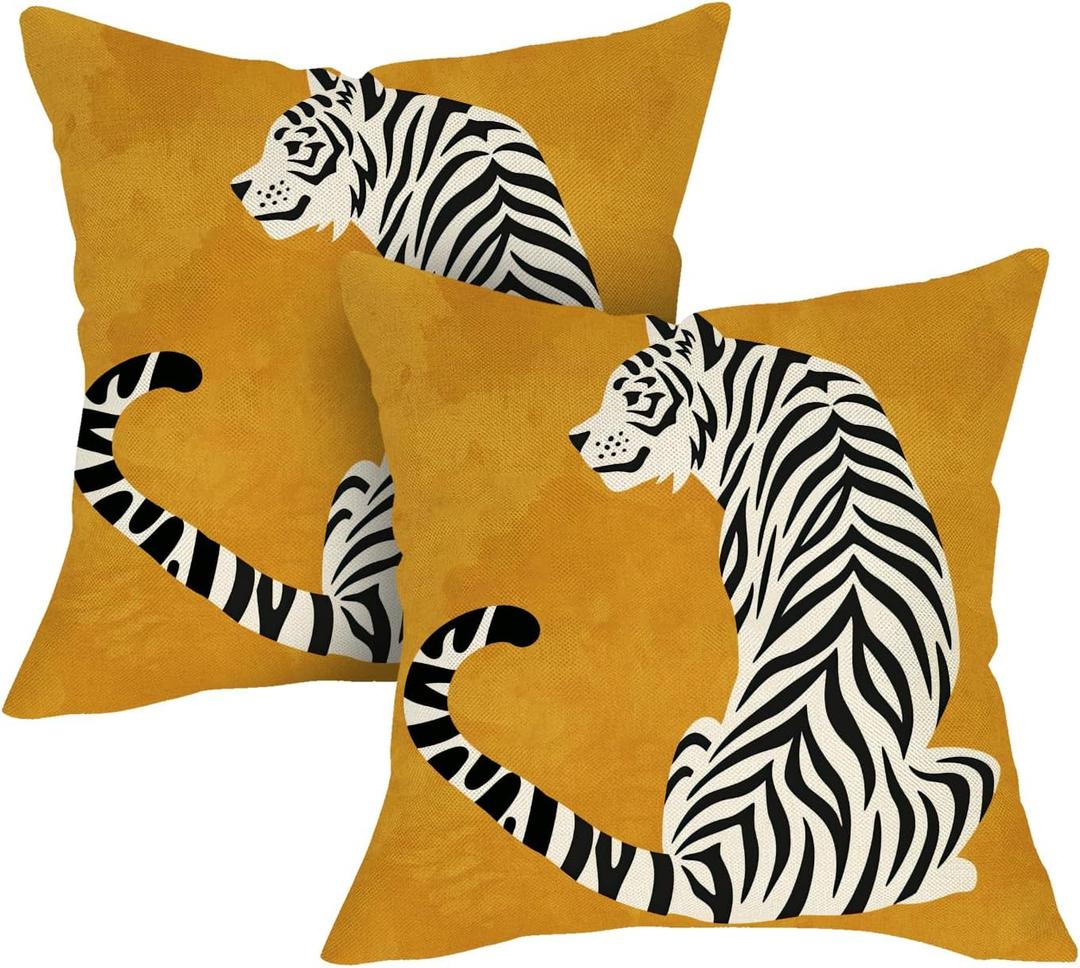 Vintage White Tiger Decorative Throw Pillow Covers 18 x 18 Set of 2, Retro Jungle Animal Porch Outdoor Home Decor, Farmhouse Sofa Couch Cushion Case Housewarming Gift