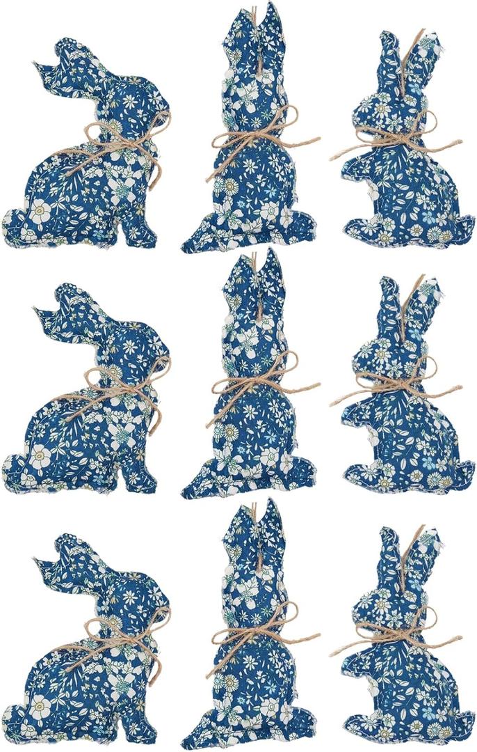 WDS WONDROUS 9-Piece Easter Bunny Hanging Ornaments Set, Fabric Floral Rabbit with Jute Bows, Rustic Spring Home Decor for Wall Door Christmas Tree, Farmhouse Country Gift Cottagecore Primitive Decor