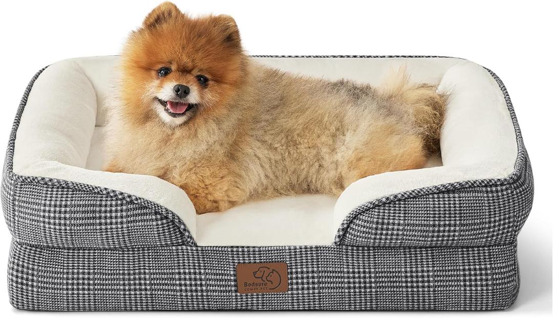 Bedsure Small Orthopedic Dog Bed - Washable Bolster Dog Sofa Beds for Small Dogs, Supportive Foam Pet Couch Bed with Removable Washable Cover, Waterproof Lining and Nonskid Bottom Couch, Black Checks (24.0"L x 18.0"W x 6.0"Th)