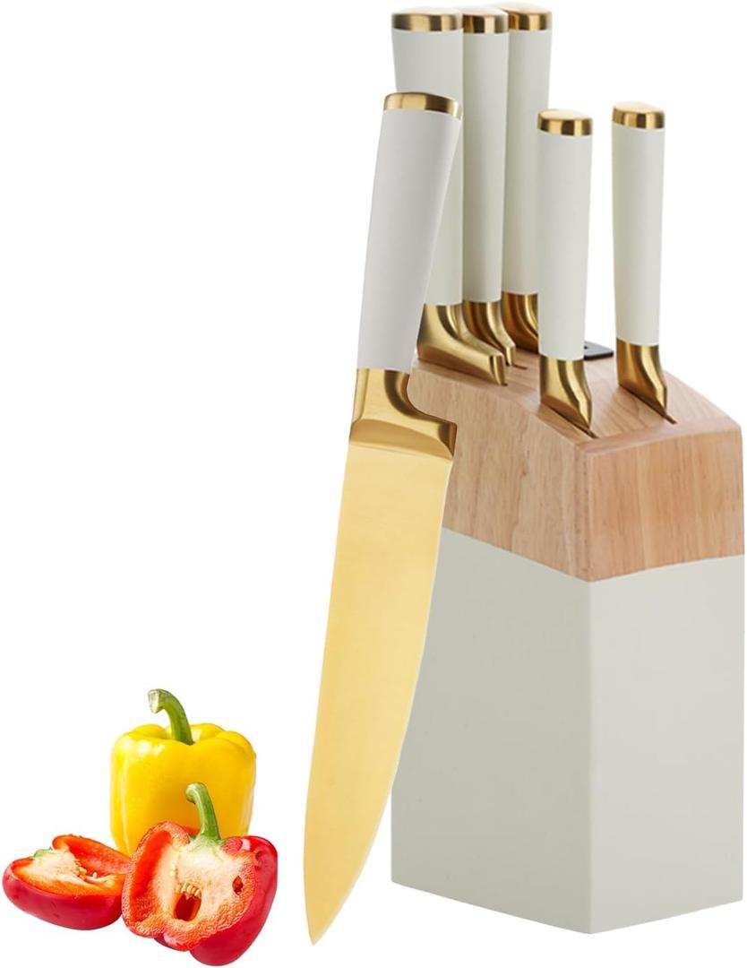 Gold White Kitchen Knife Set7Pcs Gold Titanium Coated Dishwasher Safe Knife Block Sets,Wooden Block with Built-In Sharpener,Chef Knife Set