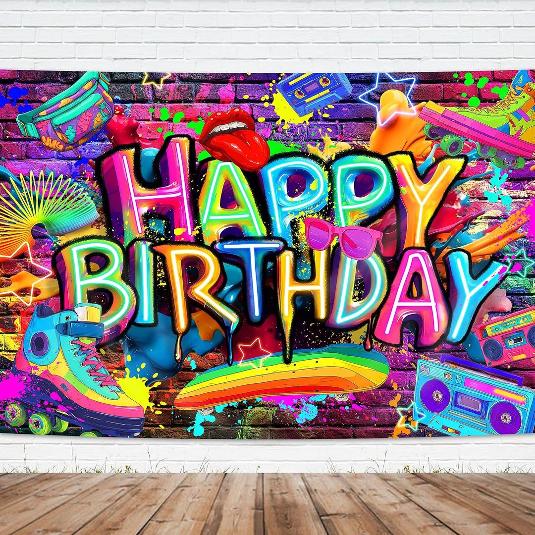 Graffiti Backdrop 7Wx5H Feet Neon Happy Birthday Glow in The Dark Brick Wall Colorful Painting Splatter Polyester Fabric Cool Photography Backgrounds Photo Shoot Decor Props Decoration