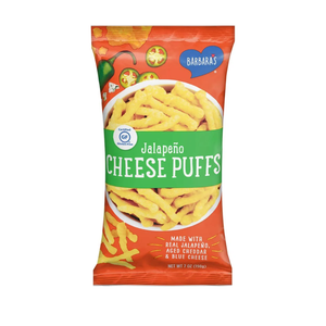 Barbara's Bakery Jalapeno Cheese Puffs, Cheese Puffed Kids Snack Made With Real Aged Cheddar and Blue Cheese, Gluten Free Snack, 7 OZ Bag BB: NOV 16 2025