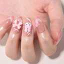 Easter Pink Cute Bunny Teens Press On Nails Medium Almond Fake Nails for Girls With 3D Flower Bow Tie. French Tip Acrylic False Nails, Salon-Quality Reusable Nails for Women(No Glue Included)