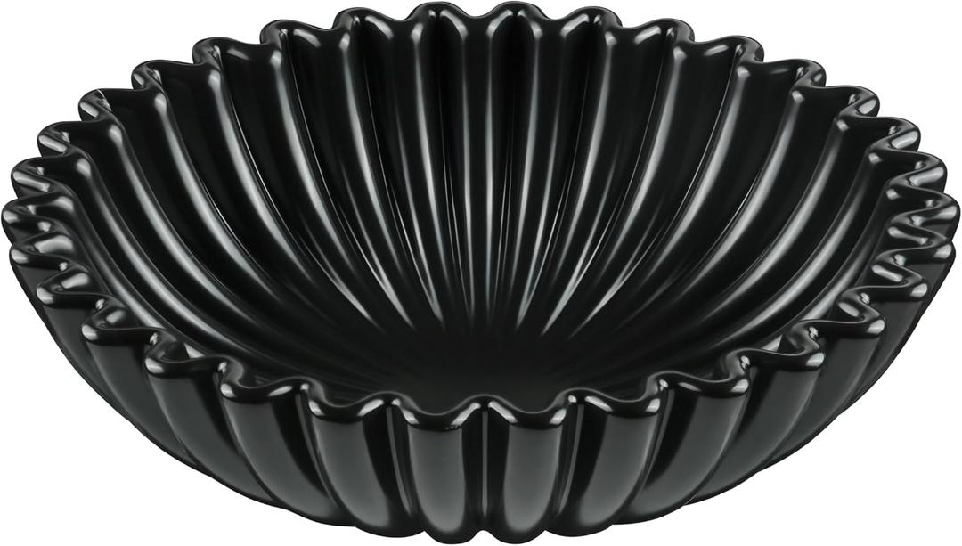 KULEDM Ceramic Decorative Bowl Home Decor - 10in Black Scalloped Ruffle Fruit Bowl for Kitchen Counter, Dishwasher & Microwave Safe