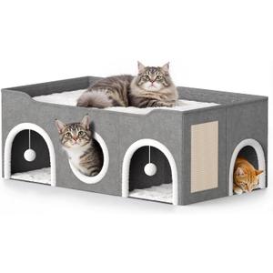 All-in-1 Extra Wide Cat House,Top Bed Three Rooms Cat Condos,Cat Beds for Indoor Cats,Multi Cats Puppy Family with Fluffy Ball Hanging and Scratch Pad, Foldable Hideaway
