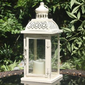 DECORKEY Lantern Decorative Indoor&Outdoor, 14.4'' Large Metal Candle Lanterns, Vintage Hanging Candle Holders Farmhouse Shelf Wedding Front Porch Patio Decor, Halloween Christmas Decorations for Home (Begie)