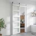 SmartStandard 24 x 84 inch Glass Barn Door with 5FT Brushed Nickel Sliding Hardware Kit & Handle, Pre-Drilled Ready to Assemble, Waterproof PVC Coating, White, 5-Panel Glass
