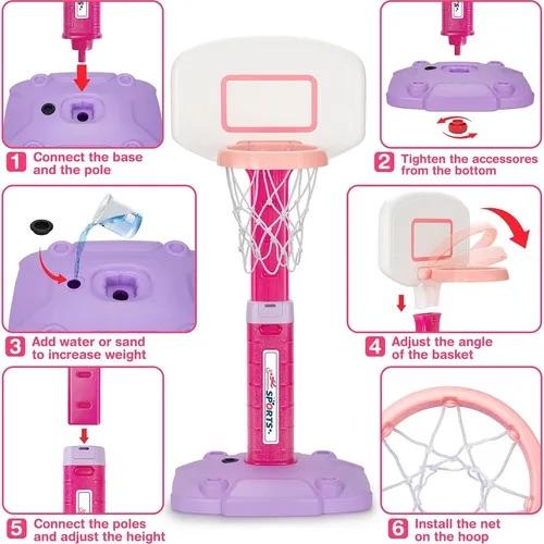 Qirptey Toddler Girl Basketball Hoop Indoor Pink Adjustable Mini Basketball Goal with Ball Pump for Outdoor Poolside Toys Backyard Game Outside Basketball Toy for Kids Age 3-5 6 7 4-8 Birthday Gift