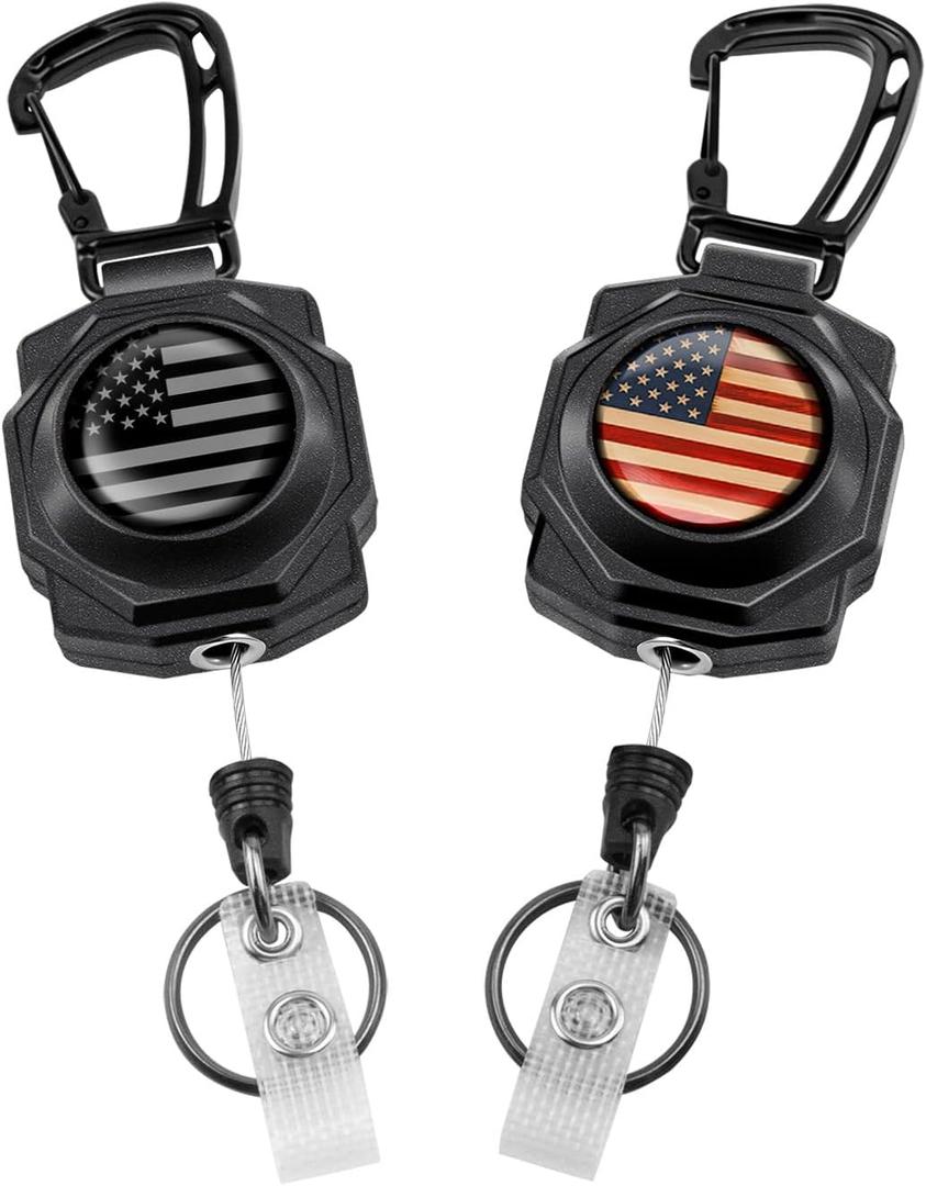 bolimoss 2 Pack Heavy Duty Retractable Keychain,Badge Reels Retractable, Tactical ID Badge Holder with Zinc Alloy Carabiner, 32'' Coated Steel Cord, Key Ring,10 oz (US Flag) (American Flag)