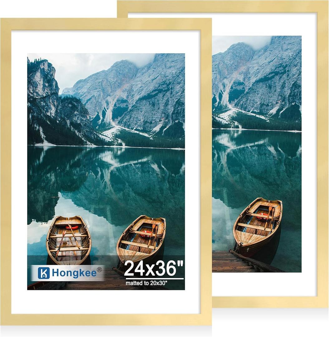 Hongkee 24x36 Frame Set of 2, Gold Wood Style - Display Posters 20 x 30 with Mat or 24x30 without Mat, Wall Mounting Horizontal and Vertical
