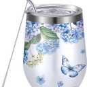 Geiserailie Floral Insulated Wine Tumbler 12 oz Spring Hydrangea Butterfly Stainless Steel Wine Glass with Lids and Straw Double Wall Travel Tumble for Women Coffee Cocktail Mother's Day Gift