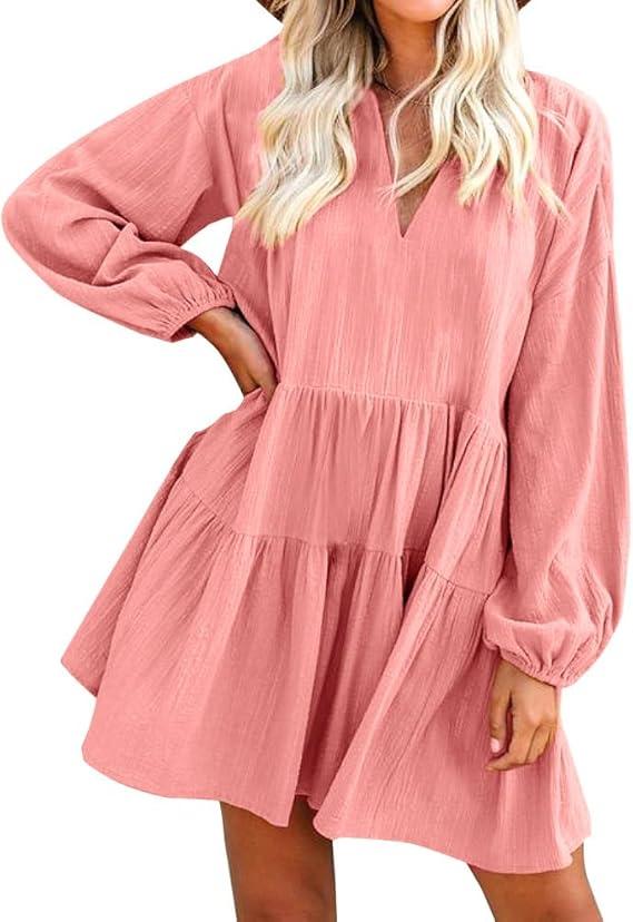 FANCYINN Cute Shift Tunic Dress for Women Ruffle Swing Babydoll Mini Long Sleevee Dress with Pockets M