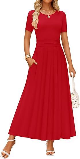 ZESICA Women's Summer Short Sleeve Maxi Dress 2025 Casual Crewneck Pleated A Line Flowy Long Dresses with Pockets M