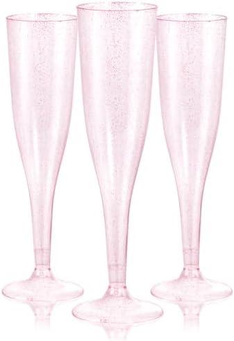 WDF 36 Pack Pink Glitter Plastic Champagne Flutes - 7OZ Disposable Pink Glasses Glitter Champagne Flutes Plastic for Party & Wedding