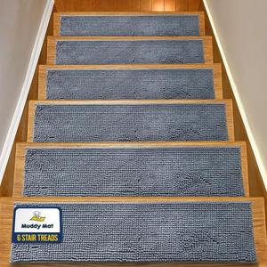 Muddy Mat Pack of 6 - Soft Chenille Stair Treads Non-Slip Reusable, Super Absorbent Stair Treads for Wooden Steps, Tile & Marble Floor, Easy to Install & Machine Washable - Grey 30'' x 7''