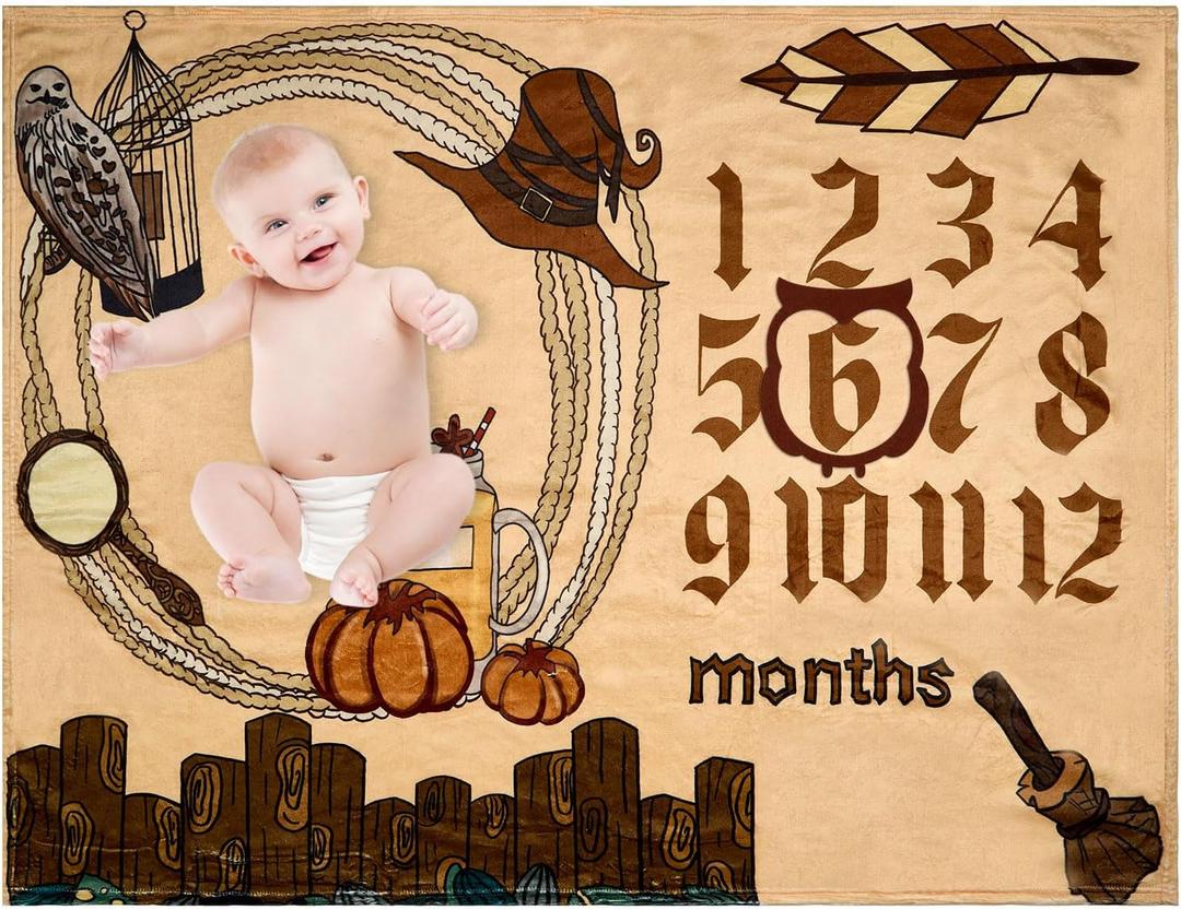 Magic Muggle Baby Monthly Milestone Blanket with Frame Magic Theme Boys and Girls Baby Month Photo Props Magic Print Photo Blanket My First Birthday Party Supplies 50"x40"