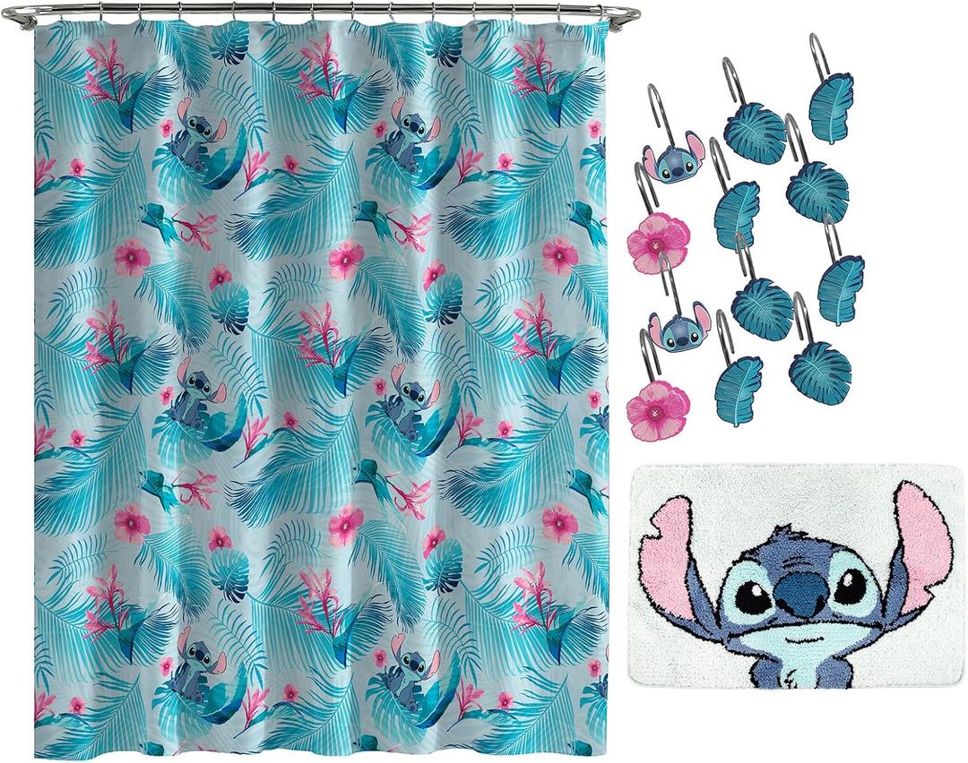 Jay Franco Disney Lilo & Stitch Floral Fun 14 Piece Bathroom Set - Includes Shower Curtain, 12 Hooks, & Non-Slip Bath Rug - Easy Care Fabric (Official Disney Product), Acrylic,Microfiber