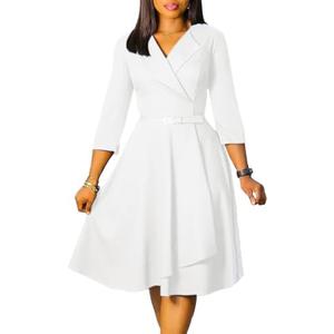 Elainone Women 3/4 Sleeve Casual Swing Flared A Line Dress Wedding Guest Semi Formal Office Work Dresses with Belt, Size Medium