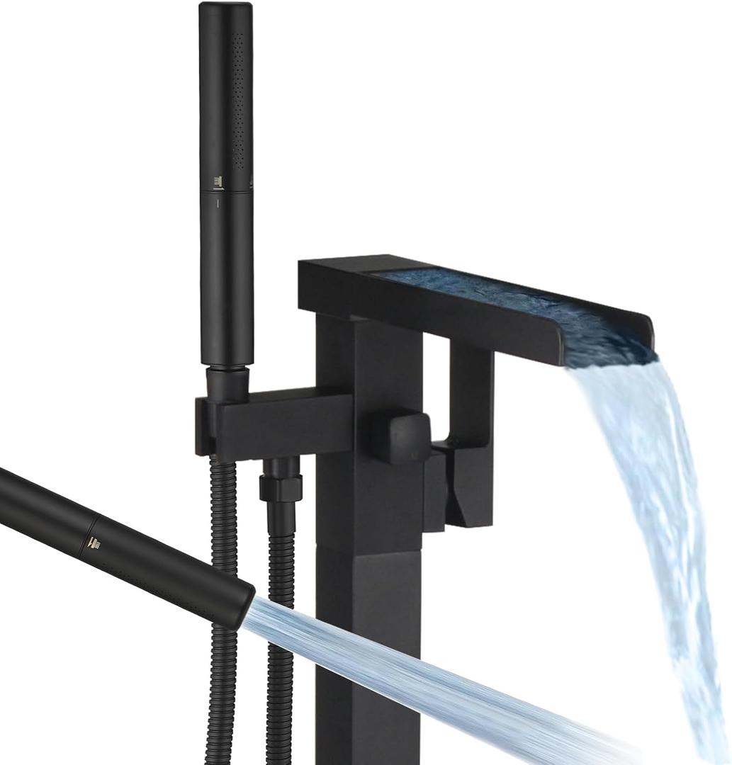 BESy Tub Filler Freestanding Bathtub Faucet Free Standing Tub Faucet Matte Black Floor Mount Bathroom Tub Faucets Bath Faucets with 2 Function Handheld Sprayer