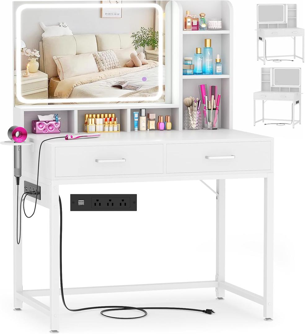 Small Vanity Desk, Vanity Desk with Mirror and Lights, Makeup Vanity Desks with Power Strip, Vanity Table with Drawers and Shelves, Adjustable Lighting, Dressing Table for Bedroom Dressing Room, White, tall: 55.1