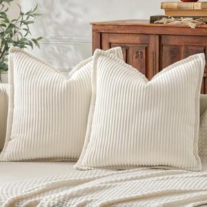 Mecatny Corduroy Throw Pillow Covers 24x24 Set of 2, Neutral Decorative Soft Boho Couch Pillow Covers with Broadside for Sofa Living Room, Cream White