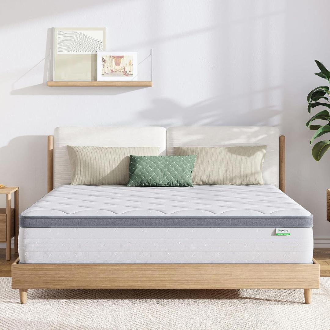 Novilla Queen Mattress, 12 Inch Hybrid Mattress Queen with Comfort Foam,Innerspring Pillow Top Mattresses in a Box, Pressure & Pain Relief, Soft Feel but Supportive (White & Grey)