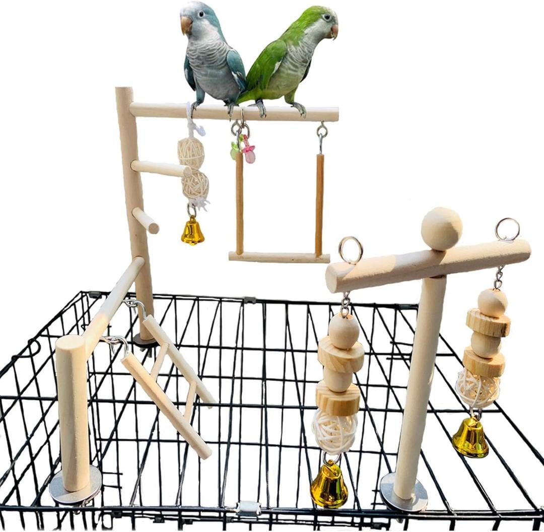 Hamiledyi Natural Wood Bird Play Gym for Small Birds, Parakeet Cockatiel Playstand with Perch, Ladder & Swing Toys for Cage Top(Style B)