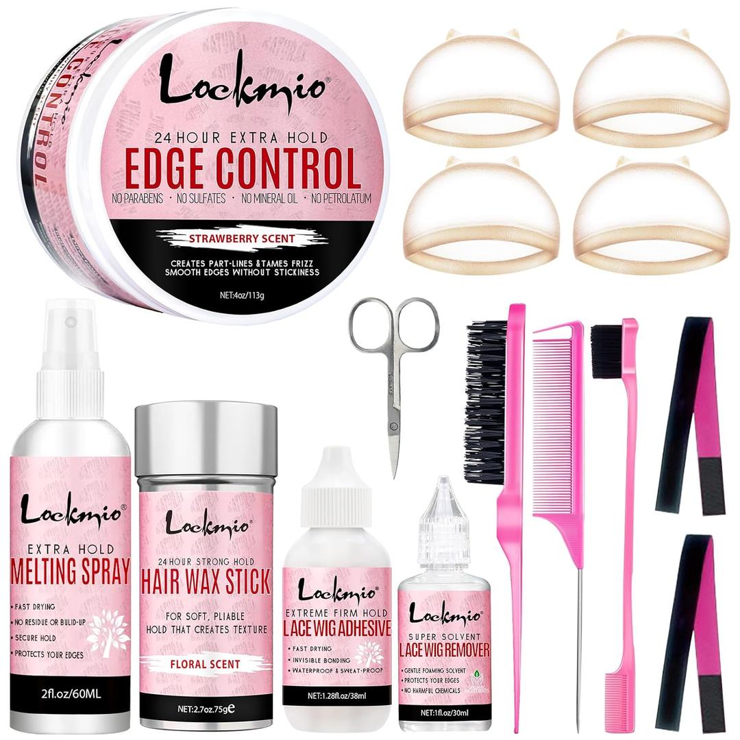15Pcs Wig Kit for Lace Front,Strong Hold Melting Spray Lace Glue Hair Wax Stick/Lace Melting Band/Edge Control/Edge Brush - Wig Accessory Essentials Kit