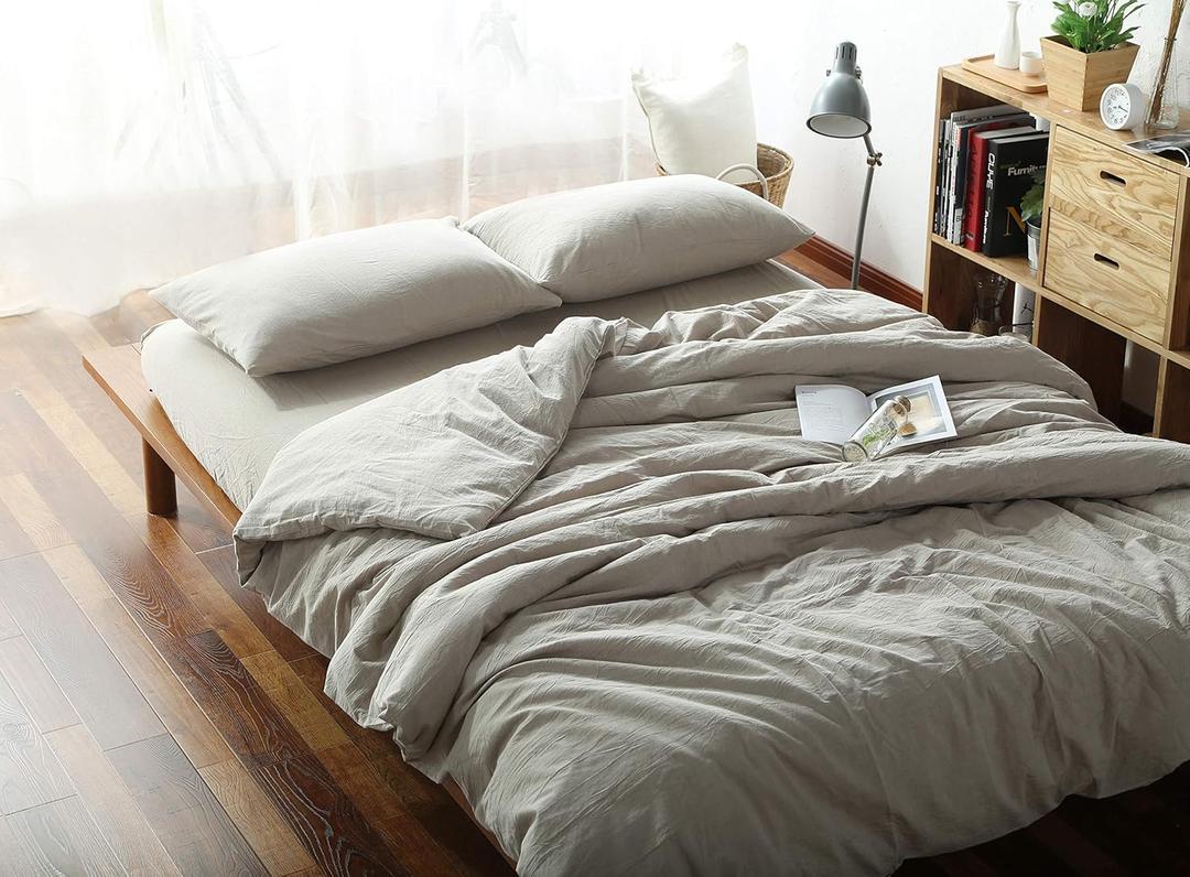 F.Y.Dreams 100% Washed Cotton Duvet Cover for Weighted Blanket 80x87 inches with 8 Ties, Zipper on Long Side/Khaki/Just Duvet Cover