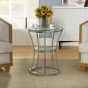 O&K FURNITURE Round End Table with Tempered Glass, Small Silver Side Table for Small Spaces, Nightstand with Shelf for Living Room, Bedroom, Office, Chrome Finish, 1 PC