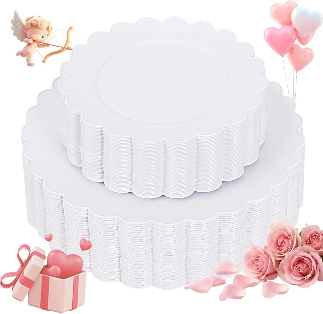 supernal 100pcs White Plastic Plates Disposable for Wedding,Plastic Plates For Party Includes 50pcs Dinner and Dessert Plate.Scalloped Plastic Platefor Valentine's Day Mother's Day and Easter