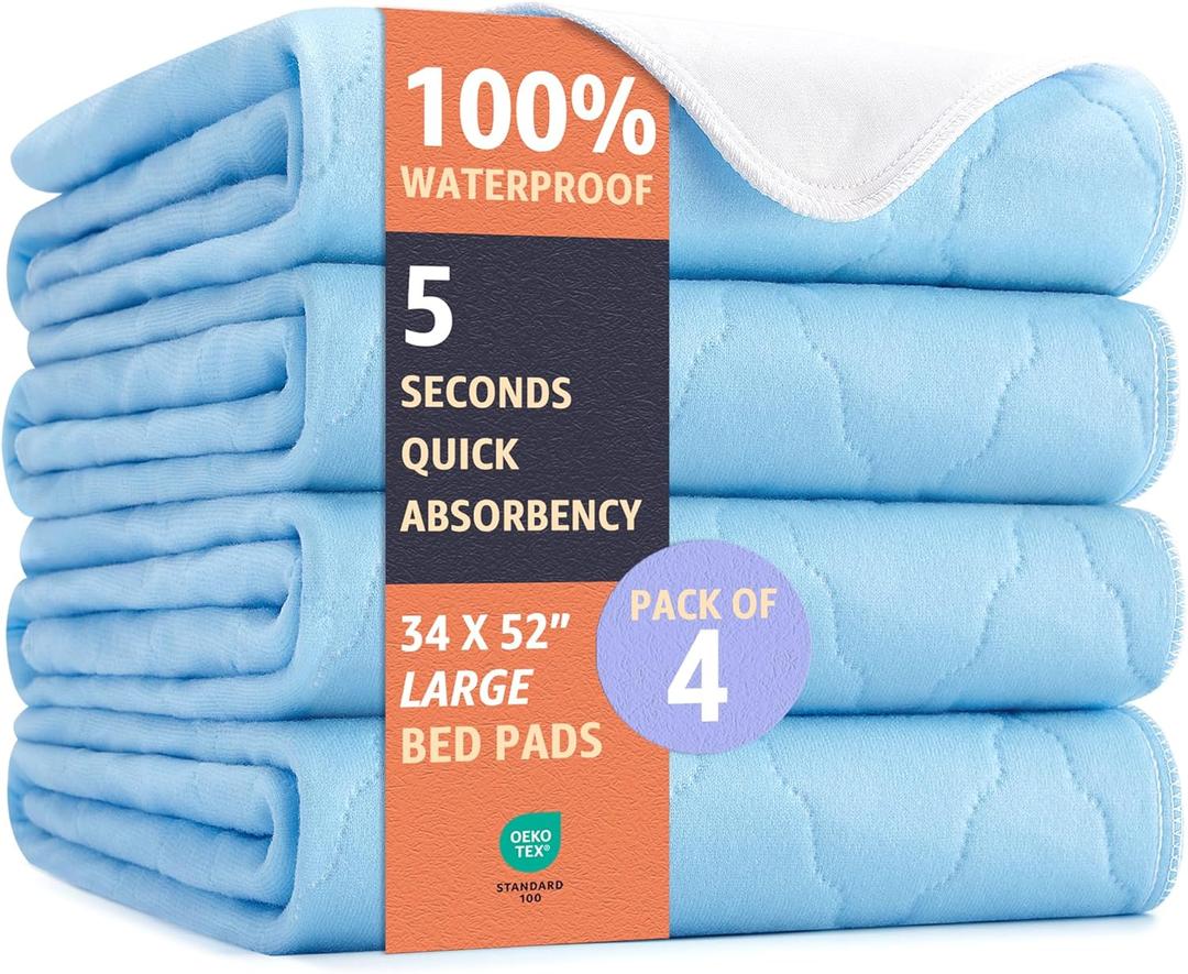 Ultimate Washable Underpads - Heavy Absorbency, Waterproof Reusable Incontinence Pads for Adults, Kids, Elderly & Pets - Bedwetting Pads for Bed, Couch, Sofa, Floor (Blue, 34 x 52 Inches, Pack of 4)