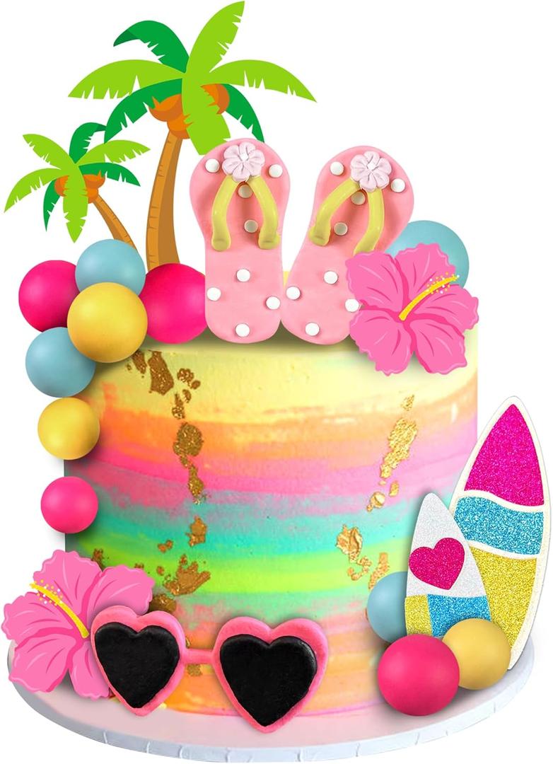 18 PCS Beach Cake Topper Summer Hawaiian Cake Decorations with Slipper and Sunglasses Clay for Swimming Pool Aloha Party Supplies