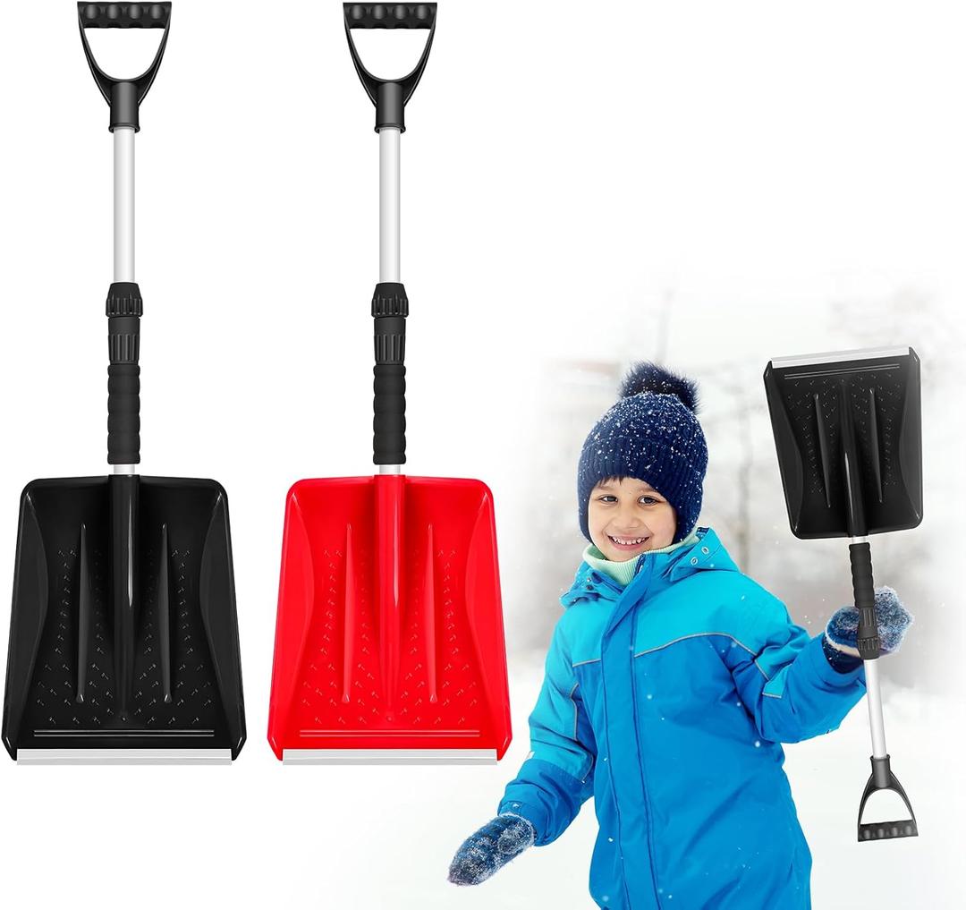 Lasnten 2 Pcs Kids Snow Shovels with D Handle Extendable Plastic Toddler Shovels 27 to 34 Inch for Car Trunk Winter Snow Removal Driveway Camping Yard Garden Activities