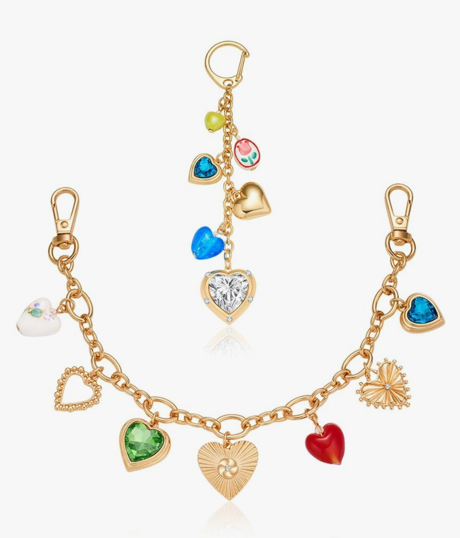 2Pcs Bag Chain Charm, Coach Purse Jewelry Keychain with Red Rhinestones Trendy Gold Bag Heart Charms