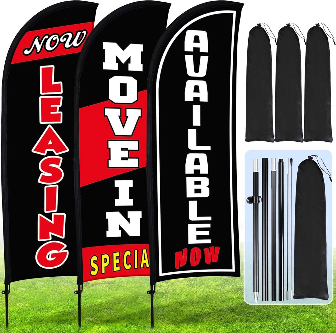Buryeah Black 3 Set Feather Flag Kit Now Leasing Move in Special Available Flag with Pole Ground Stake and Bag Leasing Sign for Advertising Renting Welcome Banner for Outside Ground (7 ft)